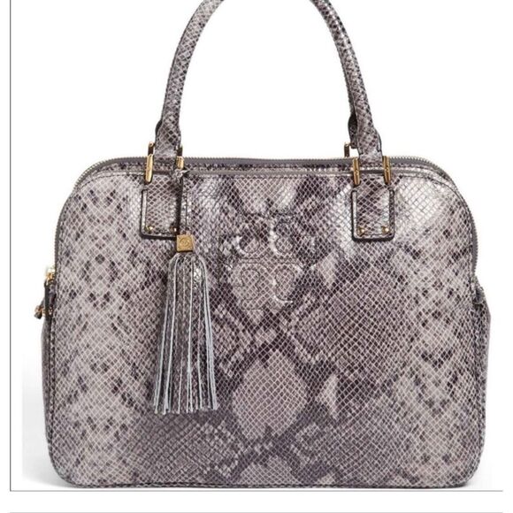 NEW Tory Burch Thea snake print 3 zip compartment purse bag satchel gray leather - Picture 1 of 9